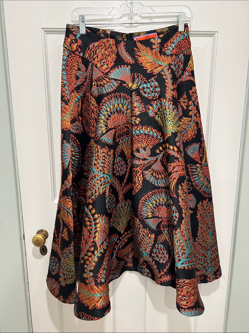 LA DoubleJ Black A-Line Skirt with Orange and Teal Floral Motifs